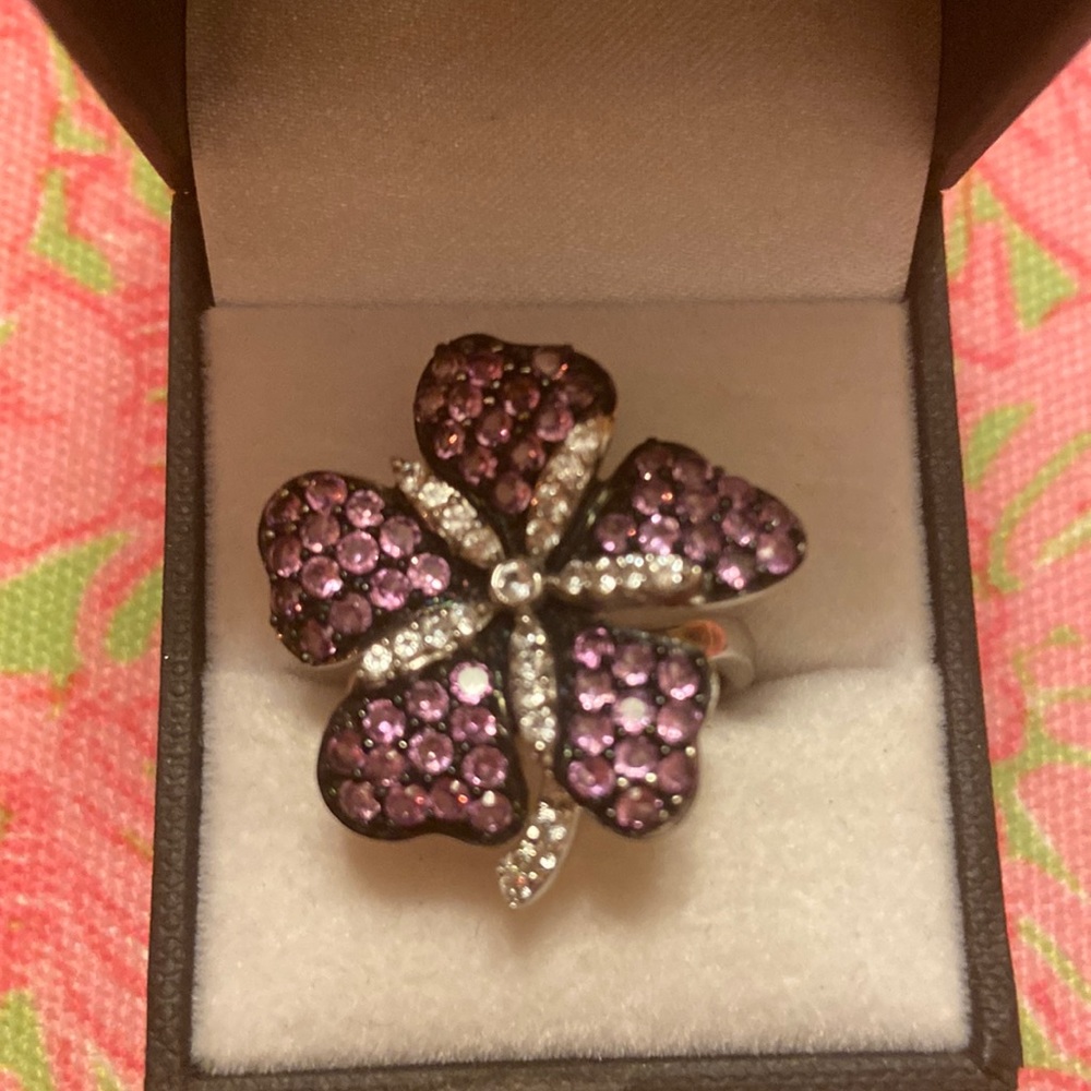 Sterling silver  pink and white simulated stone flower ring